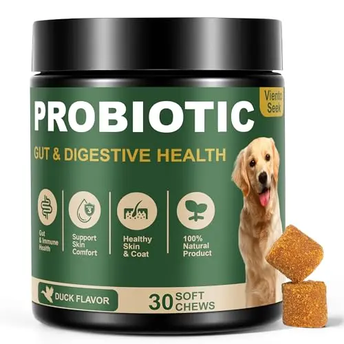 VientoSeek Duck Flavor Dog Probiotic Chews in a white bottle