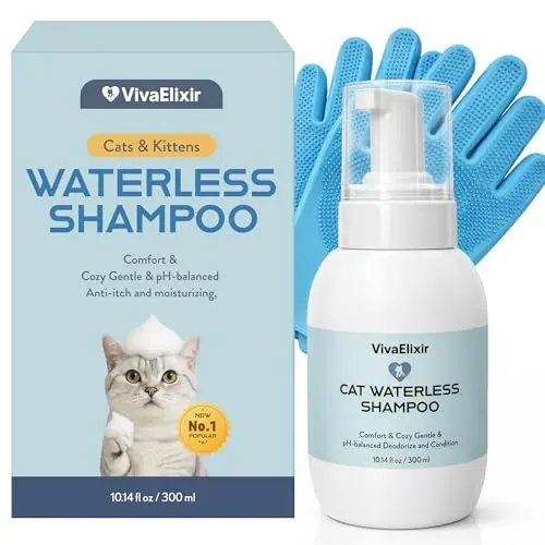 VivaElixir cat shampoo and conditioner 2-in-1 bottle with grooming glove