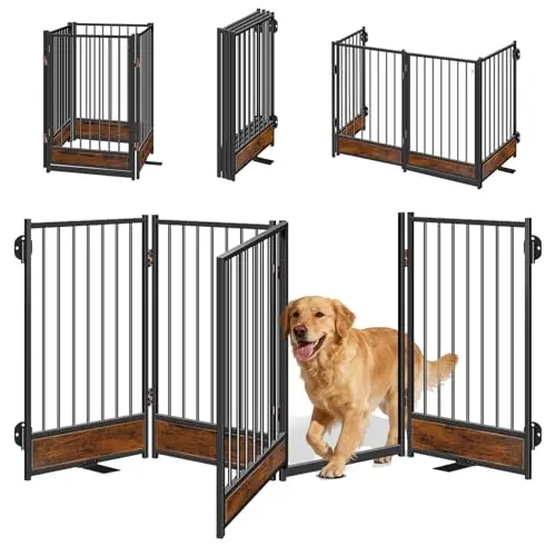 Ademon freestanding pet gate with metal and wood construction in black for large dogs