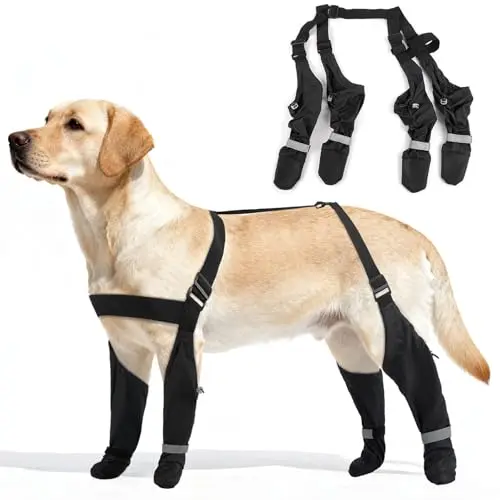 AuraPaw suspender-style dog boots with reflective strips
