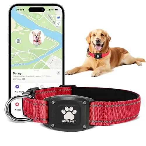 Myiwb red GPS dog collar with reflective strips and tracker