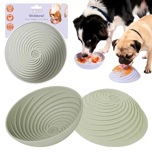 Awoo Wobbowl sage green silicone wobbling lick mat and slow feeder bowl