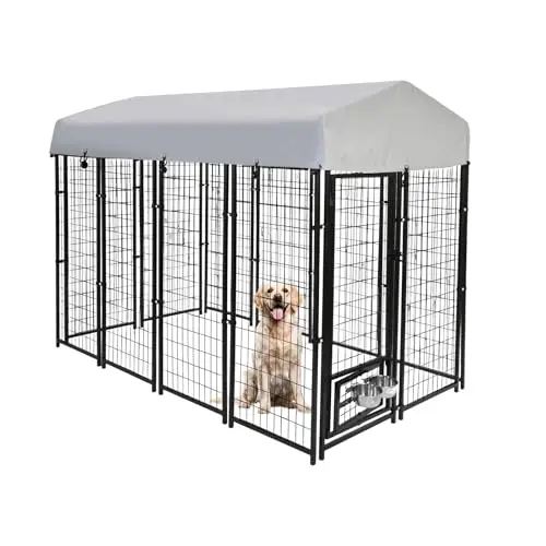 BSWIRE-US 8x4x6 FT outdoor dog kennel with waterproof roof and rotating bowls