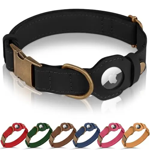 BUDKAS black genuine leather dog collar with built-in Apple AirTag holder