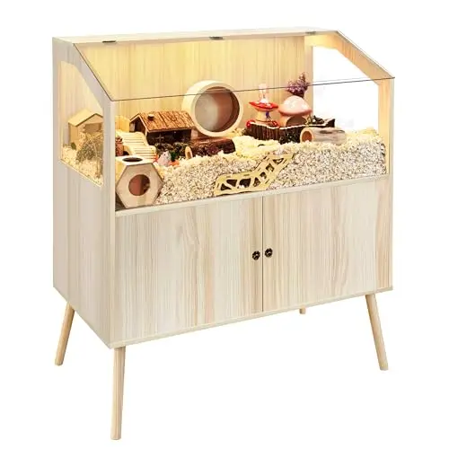 PROLEE oak wooden hamster cage with storage cabinet and clear front panel