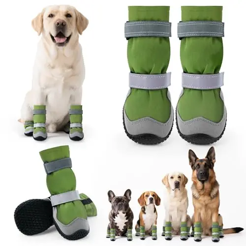 TEWIWAP Winter Dog Snow Boots with high cuff and fleece lining in green.