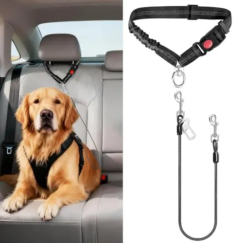 Idepet black dog seat belt with stainless steel cable and bungee