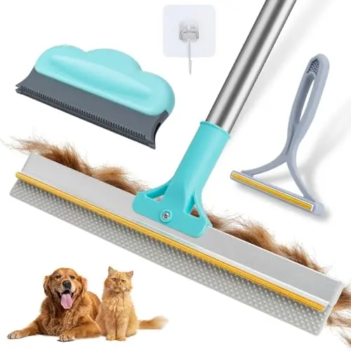 Blue FancyMouse dual-action carpet rake for pet hair removal