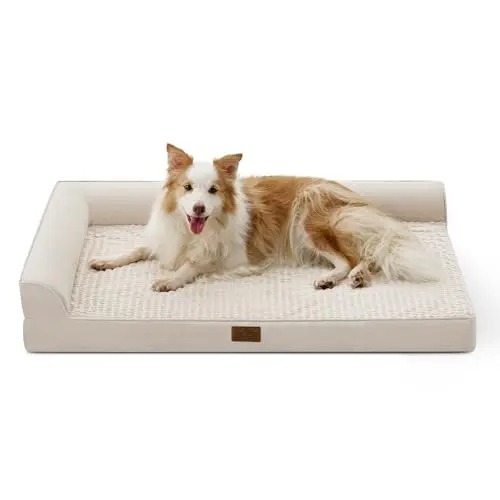 COZY KISS beige extra large dog sofa bed with an L-shaped bolster design