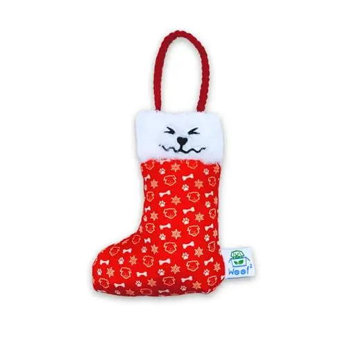 Woof2 Christmas Stocking plush dog toy with a treat pocket and hangable design