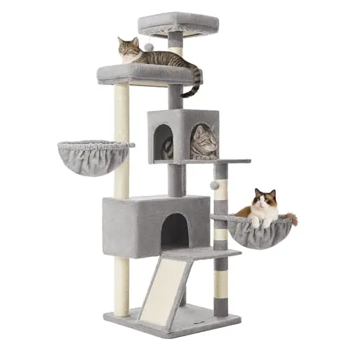 Feandrea 68.5-inch tall cat tower in dove gray with a large top perch, double caves, and multiple scratching posts