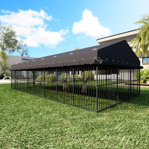 PCSXDSW massive 10x20 foot black outdoor dog kennel with a pointed waterproof roof and triple-lock door