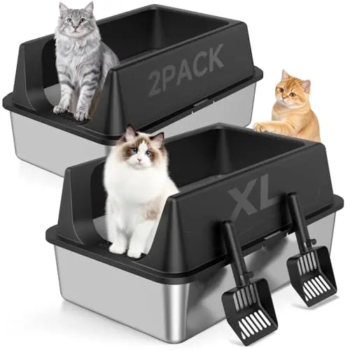 TEVILA 2 Pack XL Stainless Steel Open Top Litter Box with high sides shield