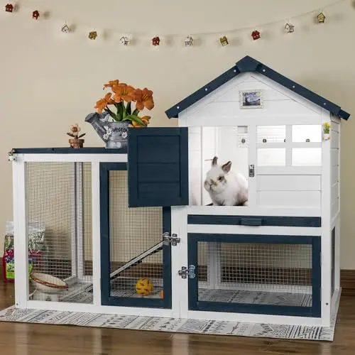 FunXplore white and gray wooden rabbit hutch with an openable roof