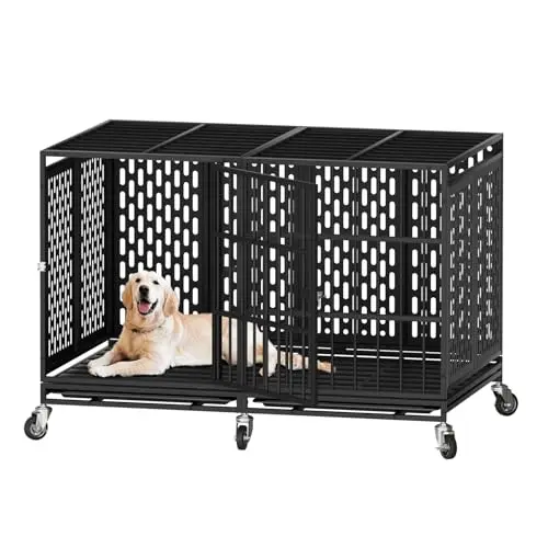 Snuowu 48 inch heavy duty metal dog crate with wheels in black
