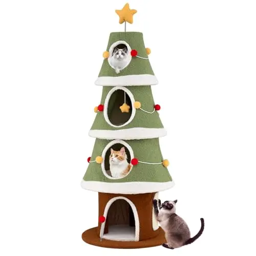PETSITE 61-inch green cat Christmas tree with four levels of condos and colorful ornaments.