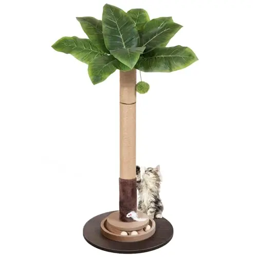 Pawalaya green cat scratching post with hanging ball and toy board