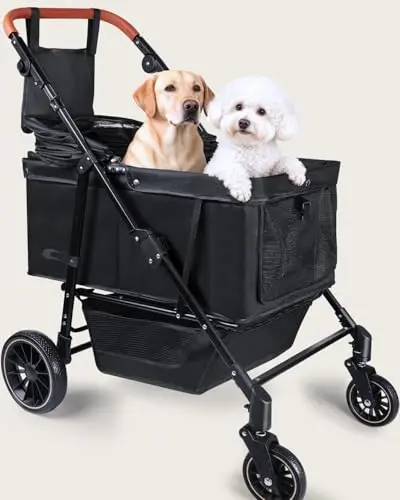 Black dog stroller with mesh doors and adjustable canopy