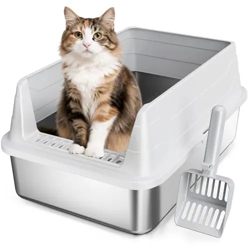 KISENG stainless steel open-top cat litter box with high sides