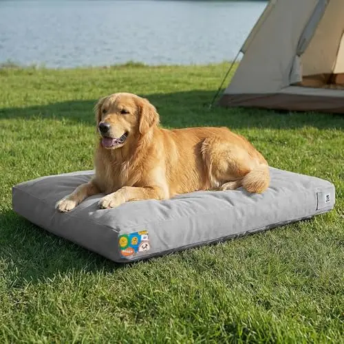 Sytopia light grey heavy-duty canvas dog bed with removable cover, suitable for patio or crate.