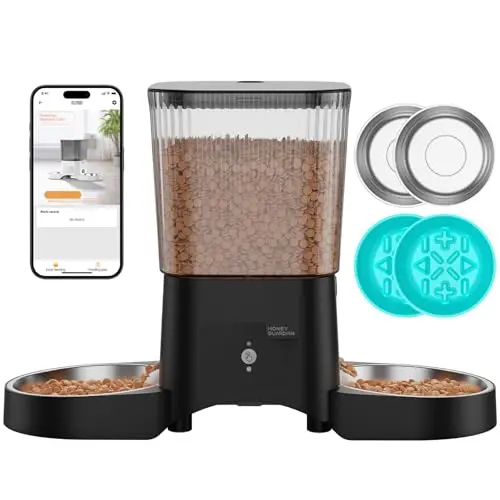 HoneyGuaridan smart cat feeder with two side-by-side bowls and a smartphone app shown