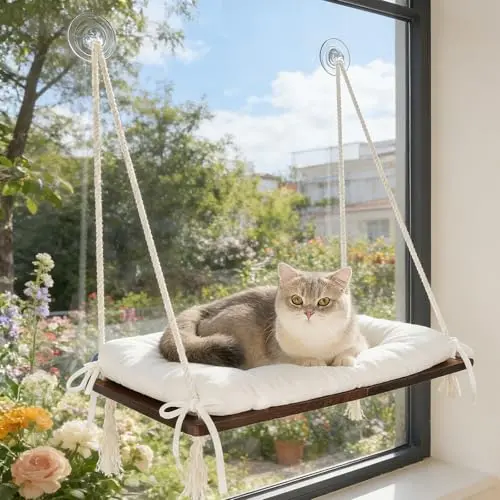 CHEERPALS cat window perch with wooden base and cotton rope hanging from a window