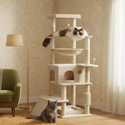 AurnaGle 66-inch modern beige cat tree with padded platforms