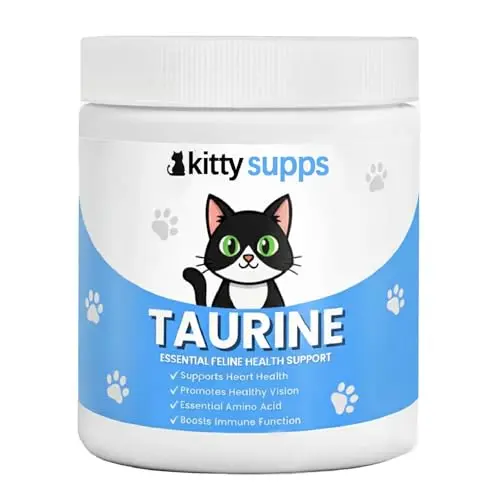 KittySupps taurine powder supplement for cats in a 200g container with dosing spoon