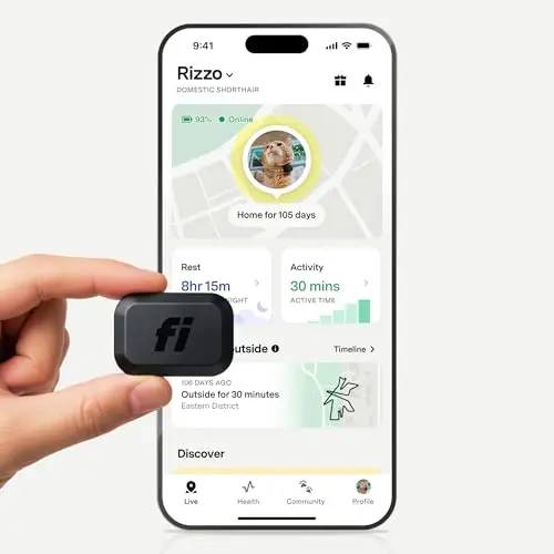 Fi Mini GPS tracker attached to a black cat collar