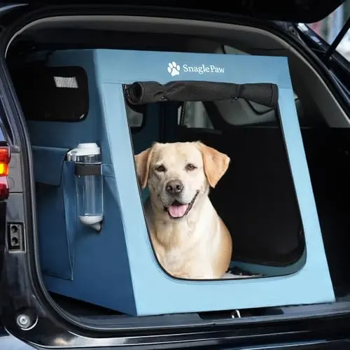 Snagle Paw angled dog crate in blue, designed for trunk use