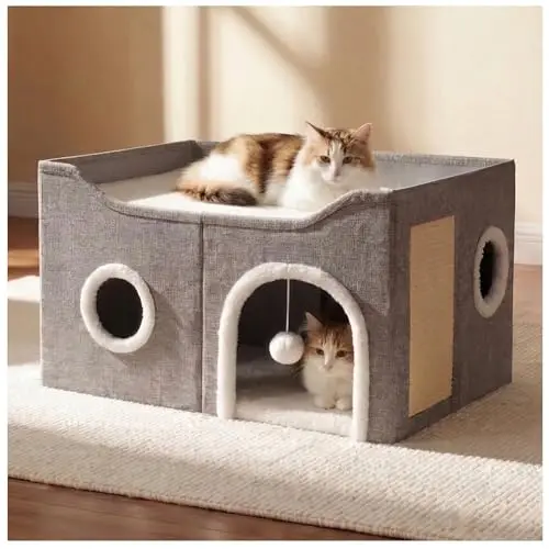 Eolahalcy grey cat cave bed with a top platform and scratching posts