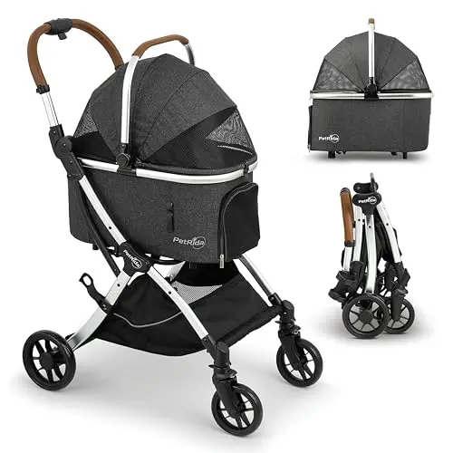 PetRida grey luxury pet stroller with detachable carrier and storage