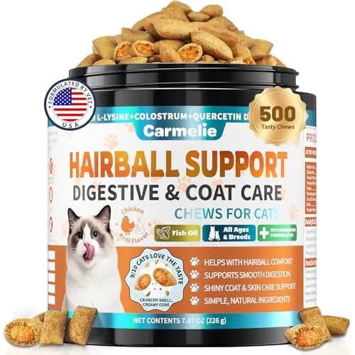 Carmelie Hairball Treatment for Cats crunchy treats tub