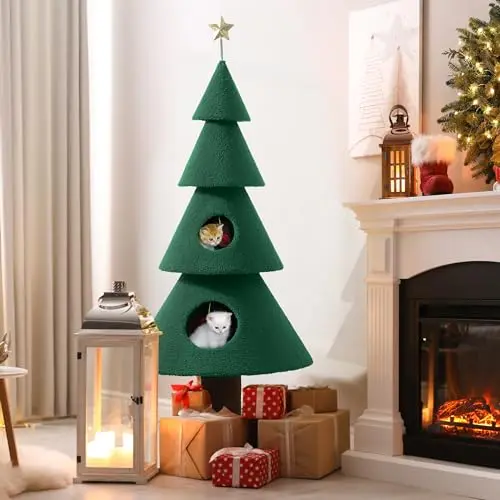 DWVO 60-inch green Christmas tree-shaped cat tower with two condos and decorative snowflakes.