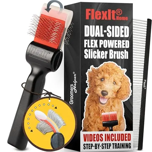 FlexIt flexible-head slicker brush bending over a dog's curved back.