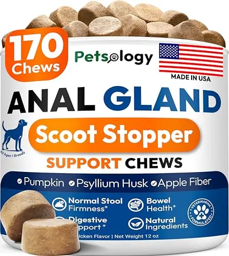Petsology brand anal gland support chicken flavored chews for dogs