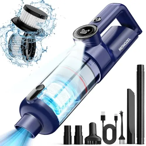 MONOZEL purple-blue cordless handheld vacuum with LED light.
