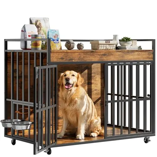 NEWBULAND wooden dog crate furniture with three doors and attached bowls