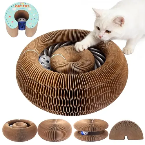 ACEDIGI brown corrugated cardboard cat scratcher that folds like an accordion with a bell ball