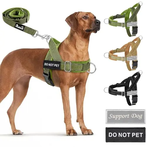 SlowTon green tactical dog harness and bungee leash set with soft padding