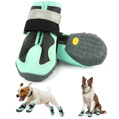 SeranPup green reflective dog boots for small dogs, shown in a two-pack