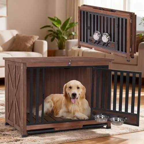 Brown wooden dog crate with rotating bowls and removable tray for small to medium dogs
