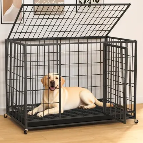 HIWOKK large dog crate with dual doors and swivel casters in black