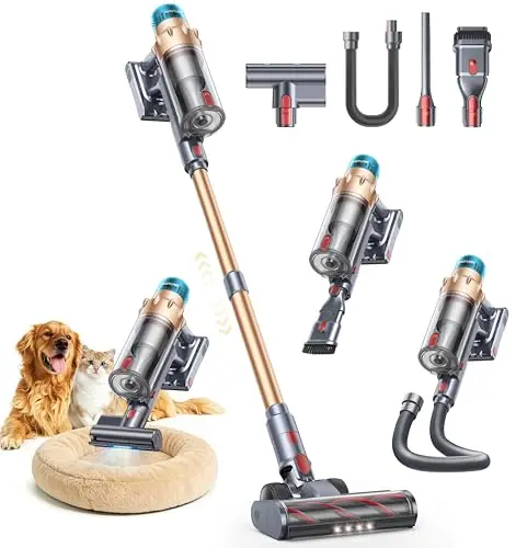 SMOTURE cordless stick vacuum in gold with flexible hose and motorized brush