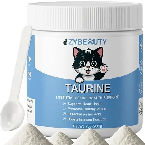 Zybeauty taurine powder supplement for cats in a resealable package with scoop