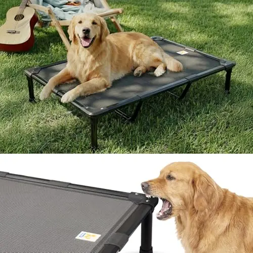 Sytopia indestructible outdoor elevated dog bed with breathable mesh and non-slip feet