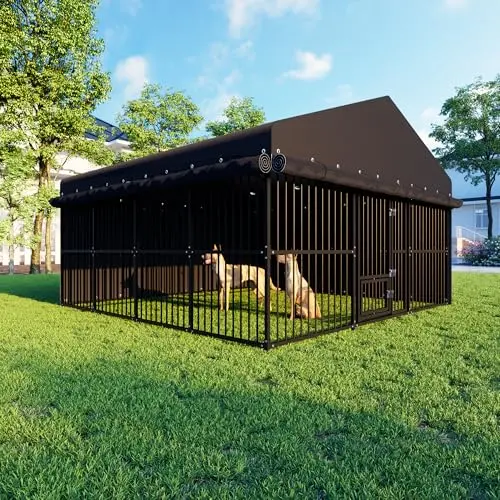Rmprwyk 10x10 foot black outdoor dog cage with a one-piece waterproof Oxford cloth roof and side panels