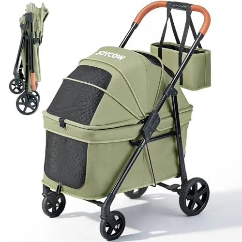 Green JOYCOW dog stroller highlighting its low-profile entry point and chew-resistant fabric.