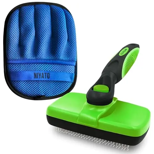NIYATO green deshedding brush and blue hair removal glove set