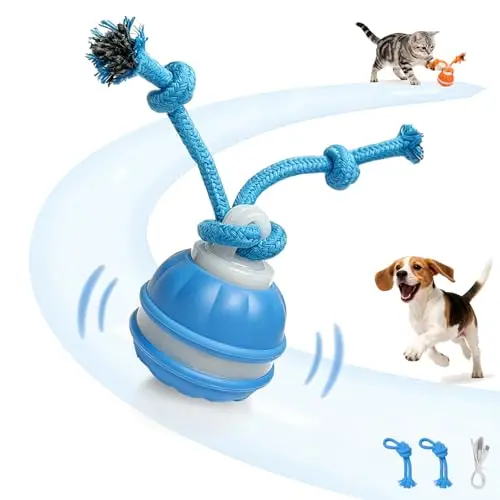 UJZJPEX blue automatic rolling dog ball with attached rope